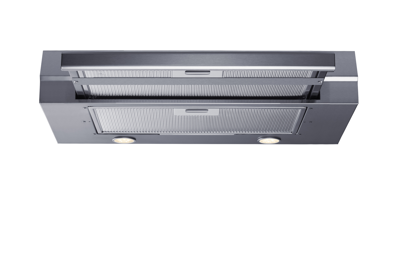 24 inch wide under cabinet retractable range hood for ductless use in stainless steel, made in the USA